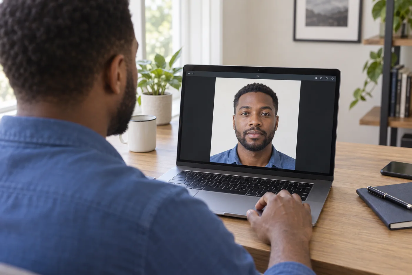 Photographic illustration of an adult reviewing a front-facing portrait in a photo viewer on a laptop