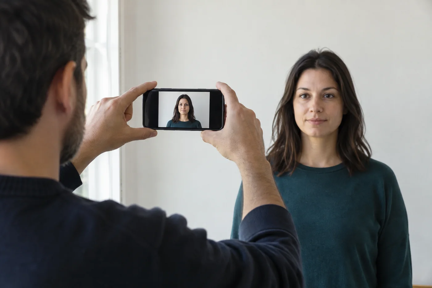 Photographic illustration of a person using a smartphone to photograph an adult against a plain light wall