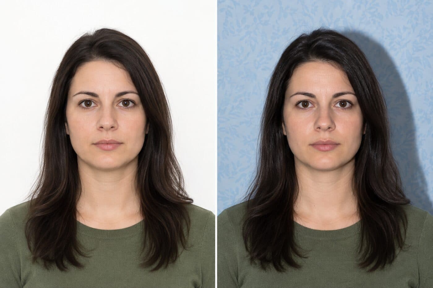 Comparison of a suitable plain DV photo background and unsuitable patterned or shadowed backgrounds