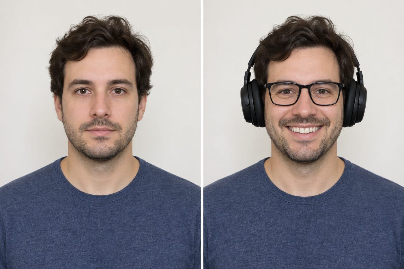 DV photo comparison of a neutral expression and unsuitable examples with a smile, glasses, or headphones