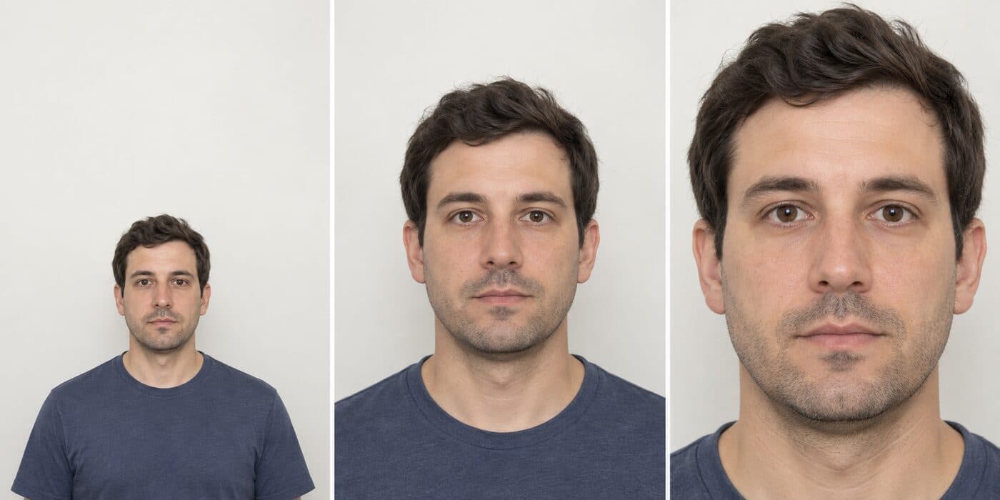 DV Lottery photo framing comparison showing a head that is too small, correctly framed, and too close