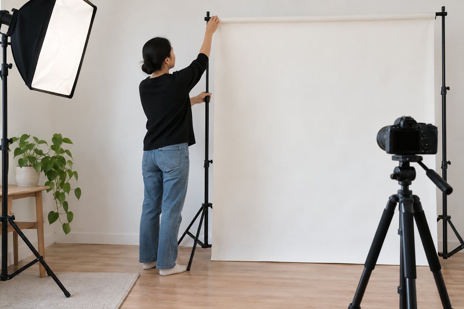 Illustrated home setup for taking a DV Lottery photo with a plain backdrop, eye-level camera and even lighting