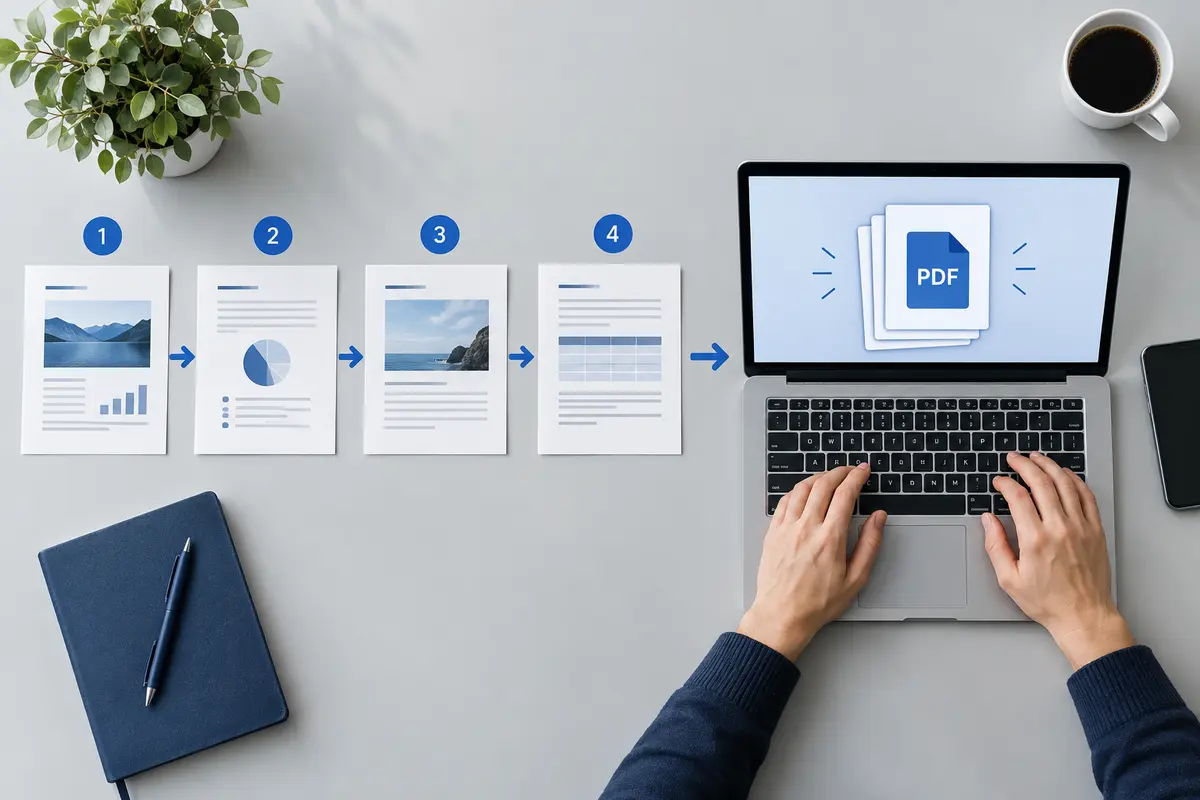 PDF pages arranged on a laptop before merging