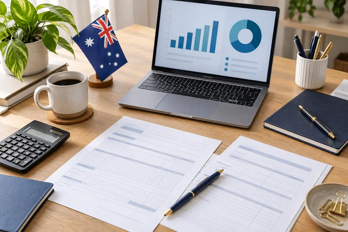 Australian tax preparation desk with calculator, worksheets and an income chart