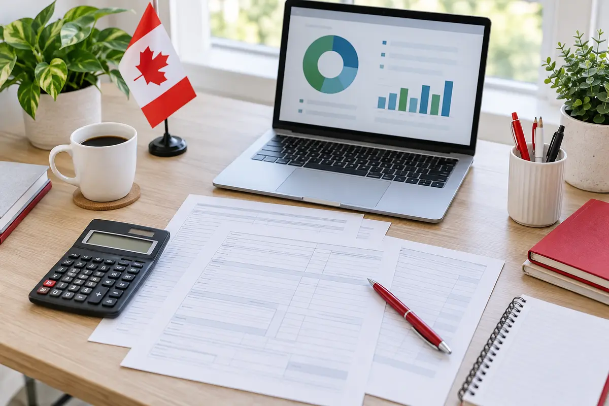 Canadian tax preparation desk with calculator, worksheets and an income breakdown chart