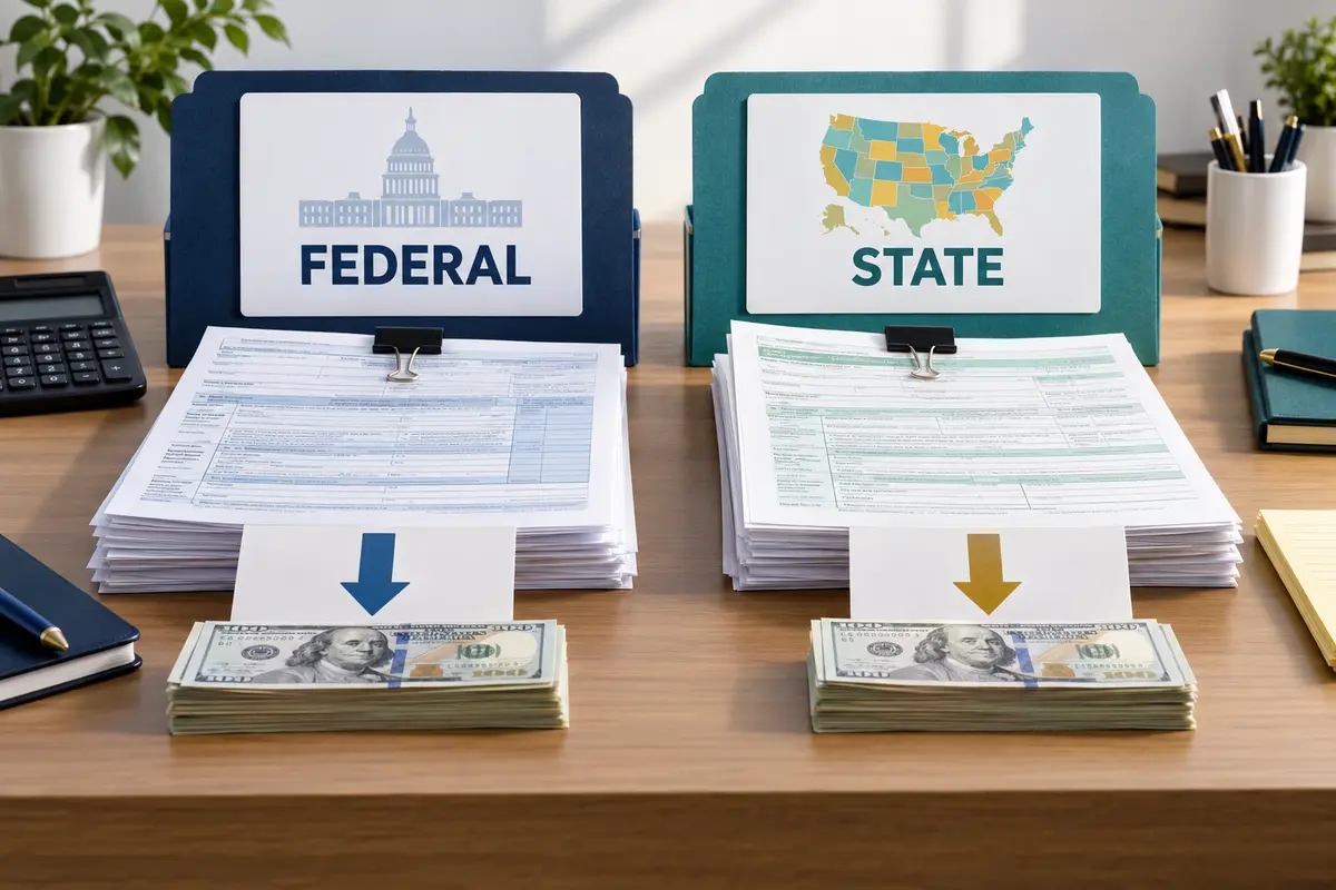 United States tax documents separated into federal and state refund calculations