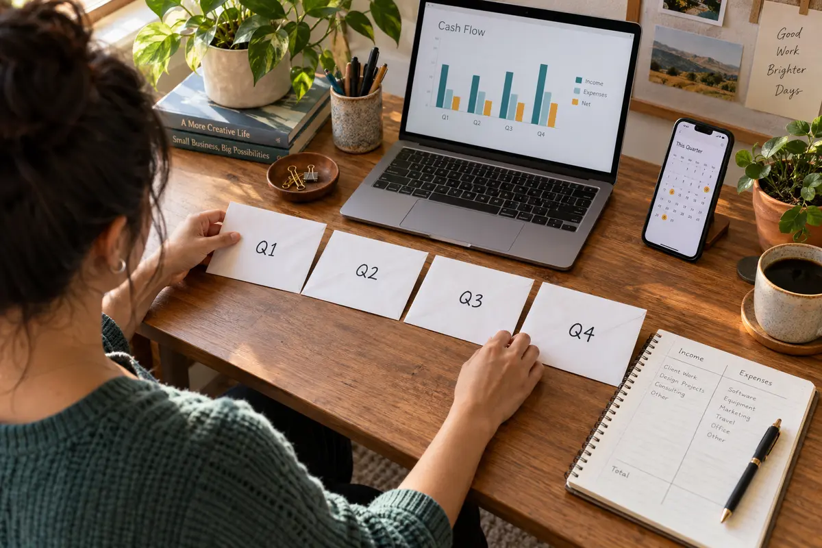 US freelancer reviewing business profit and quarterly estimated tax payments
