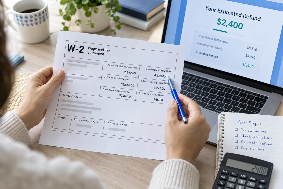 American taxpayer comparing a W-2 with a tax refund estimate on a laptop