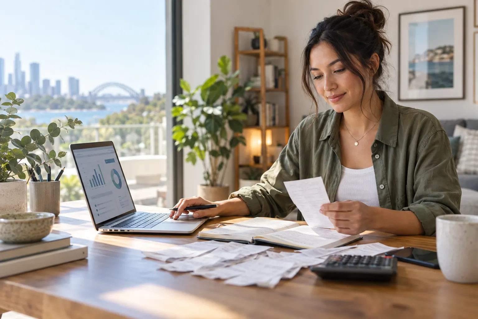 Australian professional organising receipts while estimating a tax refund on a laptop