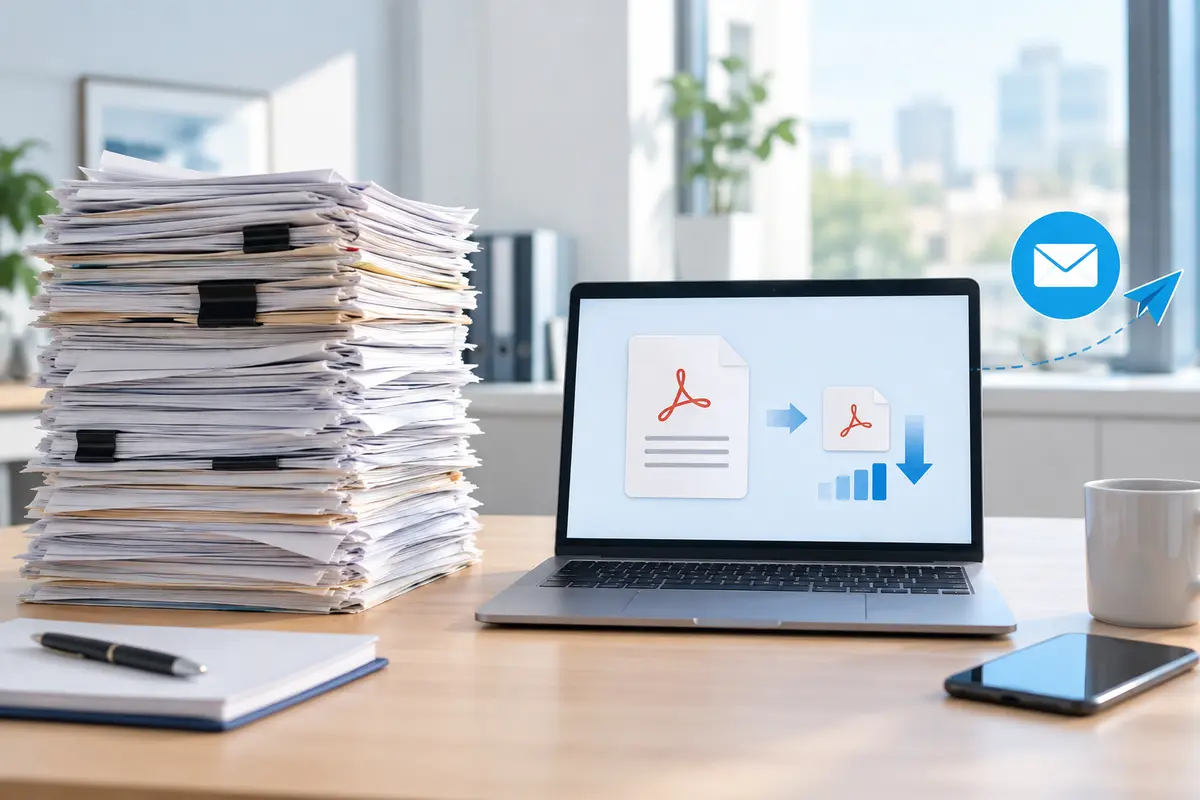 PDF file size reduction shown on a laptop