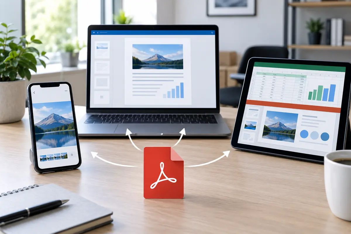Documents shown across PDF, Word, spreadsheet and presentation workflows