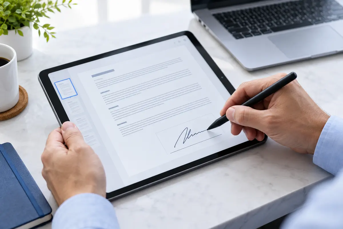 Person signing a PDF on a tablet with a stylus