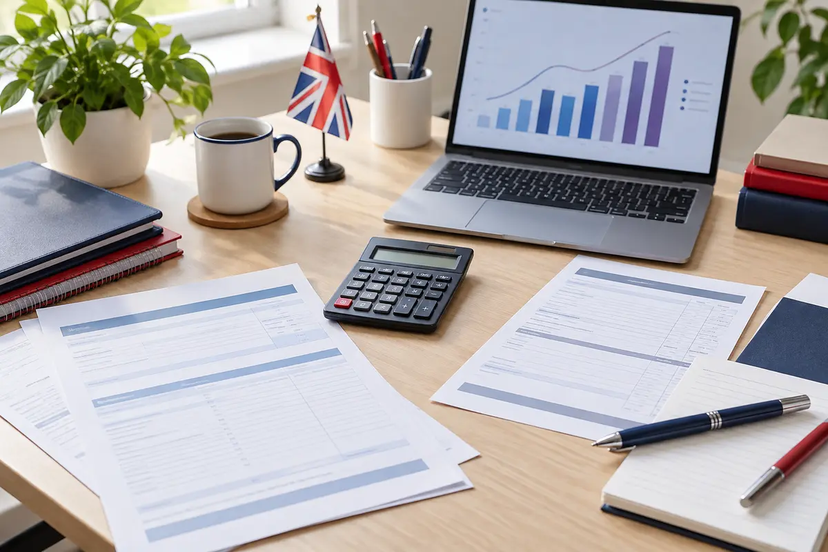 UK tax preparation desk with calculator, worksheets and a PAYE income chart