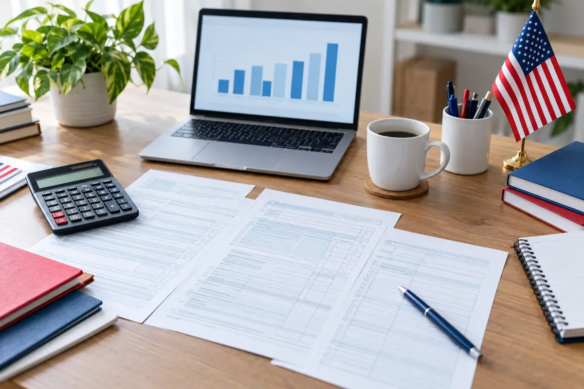 United States tax preparation desk with calculator, worksheets and an income chart