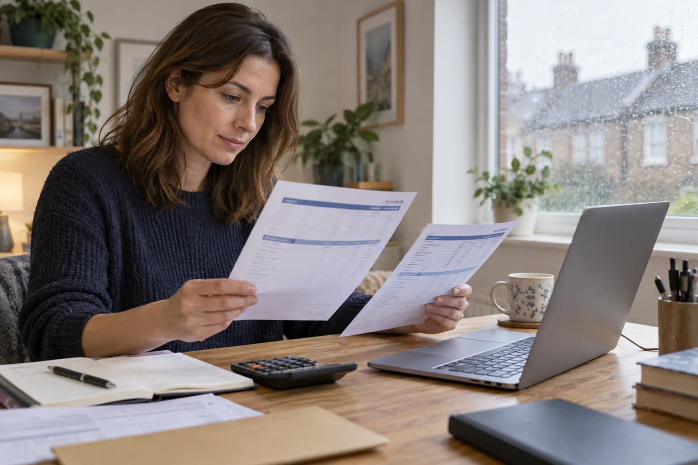 UK employee reviewing a P60 and payslip beside a laptop and calculator