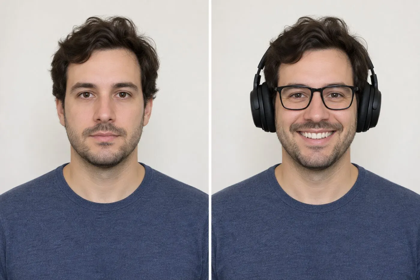 Comparison showing a neutral expression without accessories on the left and a broad smile, eyeglasses and headphones on the right